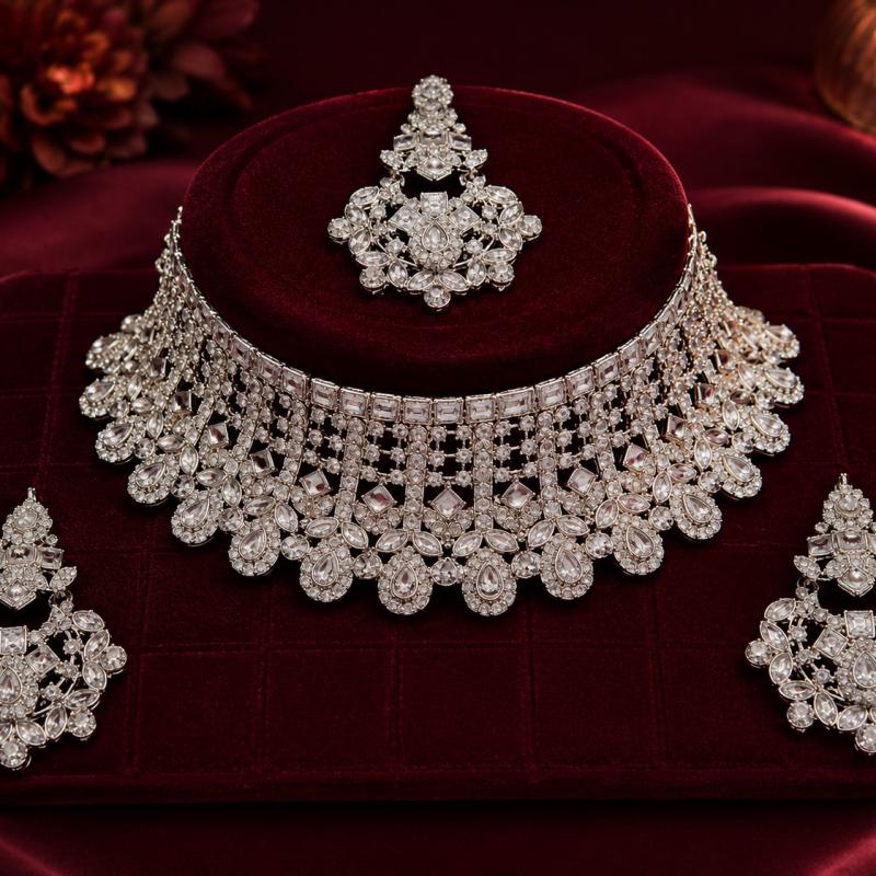 Silver Kundan Choker Necklace Set