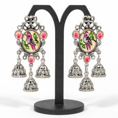 Peacock Silver Jhumka Chandbali Earrings